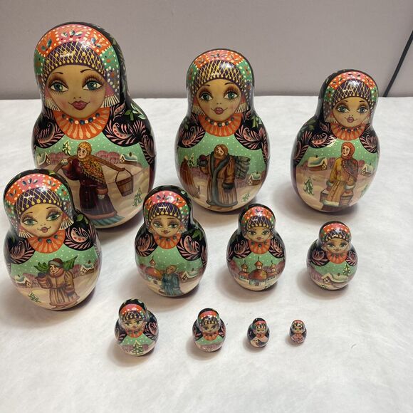Vintage Winter Russian Hand Painted Matryoshka 10 Piece Nesting Doll 7” - Picture 1 of 13